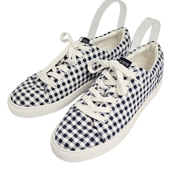 J. Crew Factory Womens Gingham Lace-Up Sneakers in Navy and White Size 10 (NWOT) - Picture 1 of 9